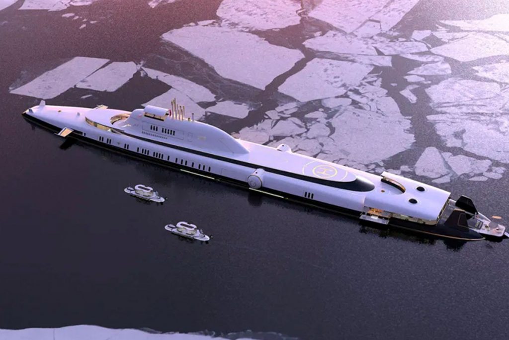 Концепт гигантской яхты-подлодки M5 на поверхности воды с открытой палубой и бассейном